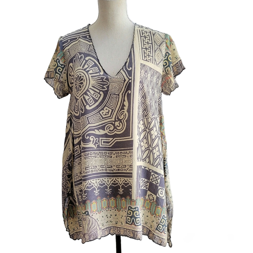 Johnny Was Silk Tunic Top Blouse V-Neck Boho Kimono Print Size XS